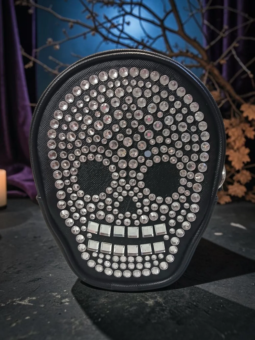 Black Skull Rhinestone Accent Decorative Shoulder Bag